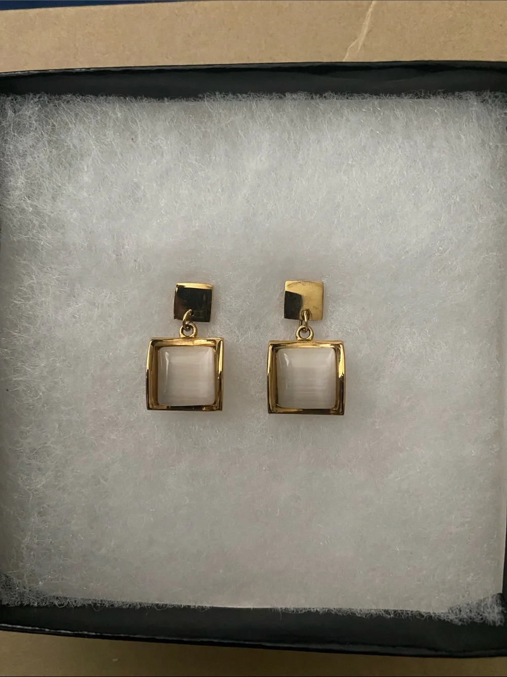 Gold-Tone Square Drop Earrings with White Stone Inset